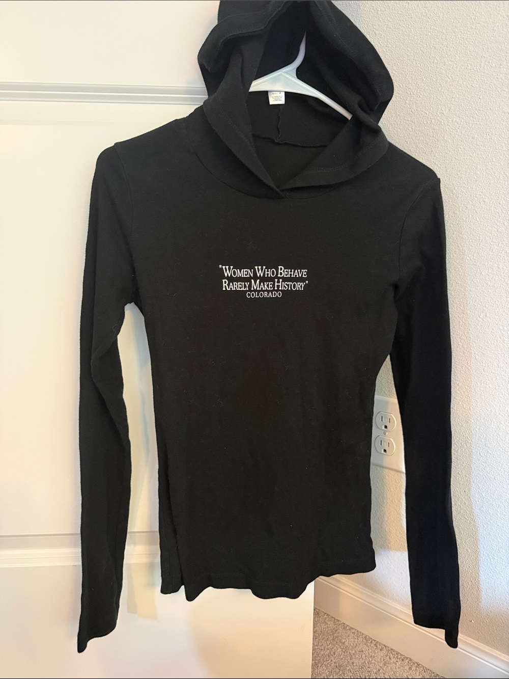 Black Long-Sleeve Hooded Tee with White Quote Print